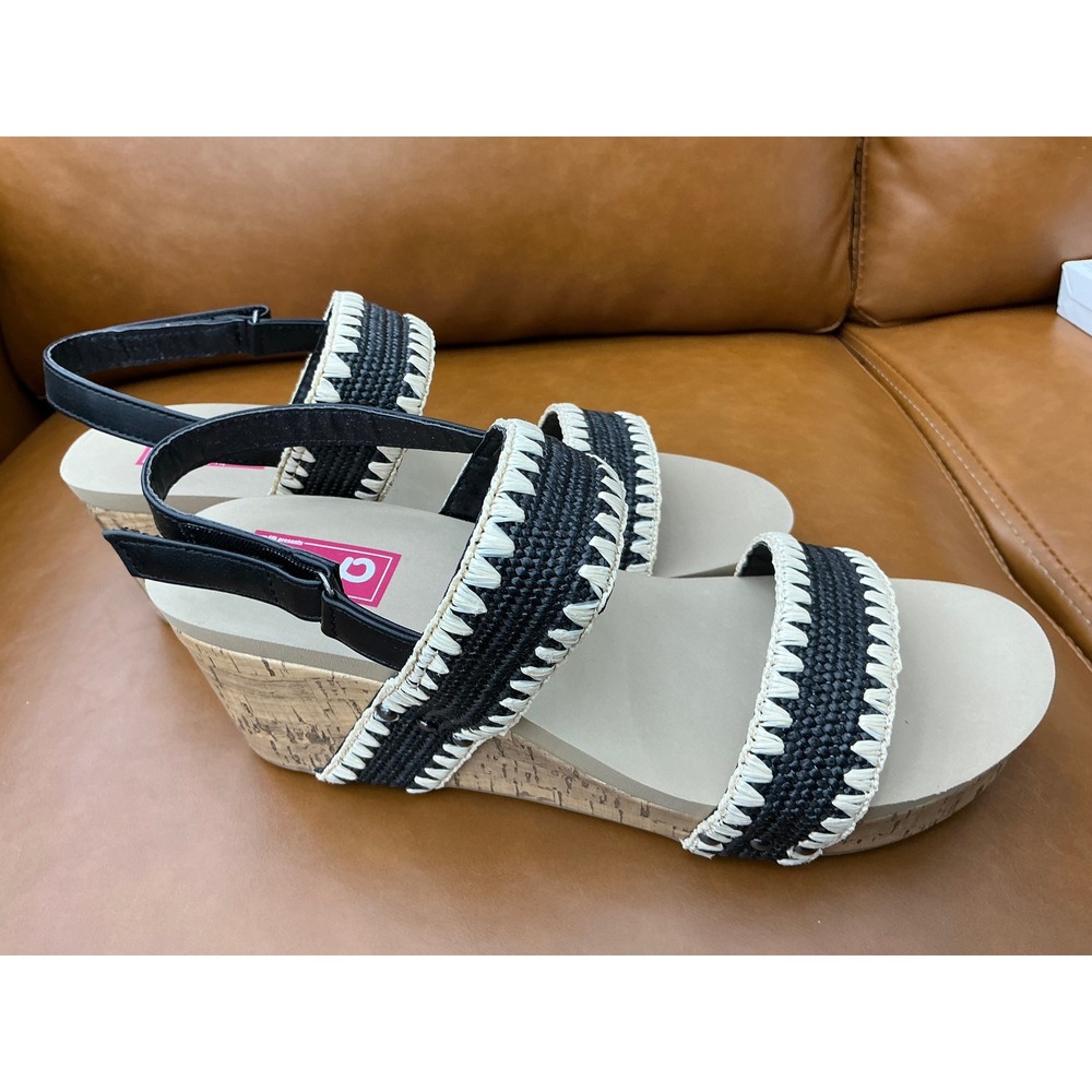Pop‎ Kabilyn Wedge Sandals Women's 11 Black Woven Cork Strappy Whipstitch